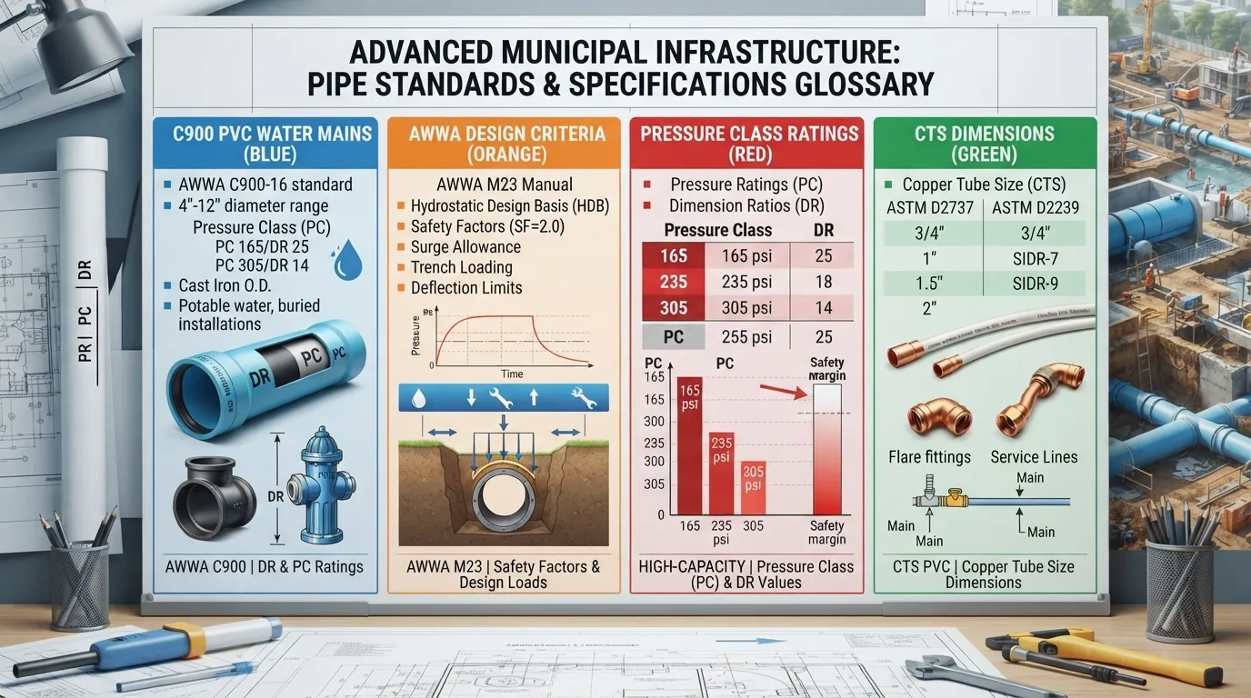 A detailed reference chart outlining technical and industrial pipe specifications, including C900 PVC water main standards and CTS sizing metrics.
