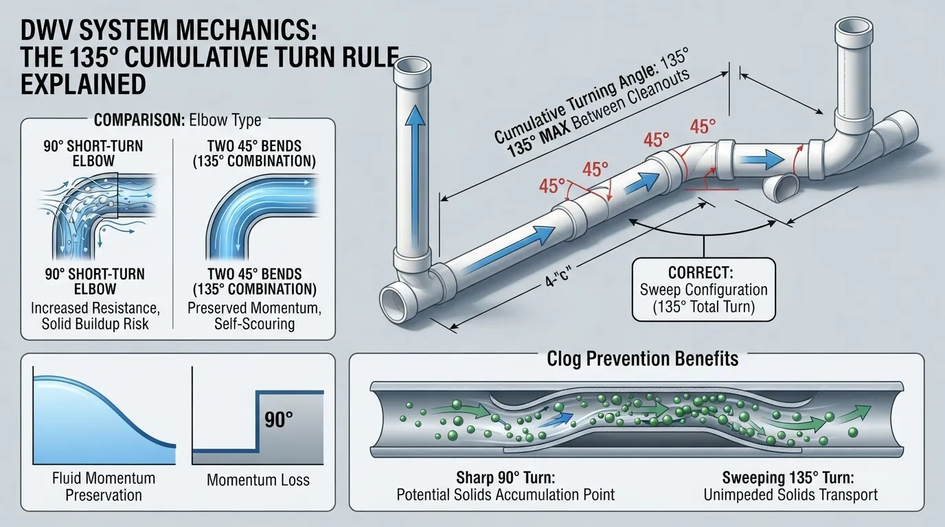 An instructional diagram illustrating the 135 rule in plumbing drainage, showing maximum cumulative angle bends and the comparison between a single 90-degree elbow and two 45-degree elbows.