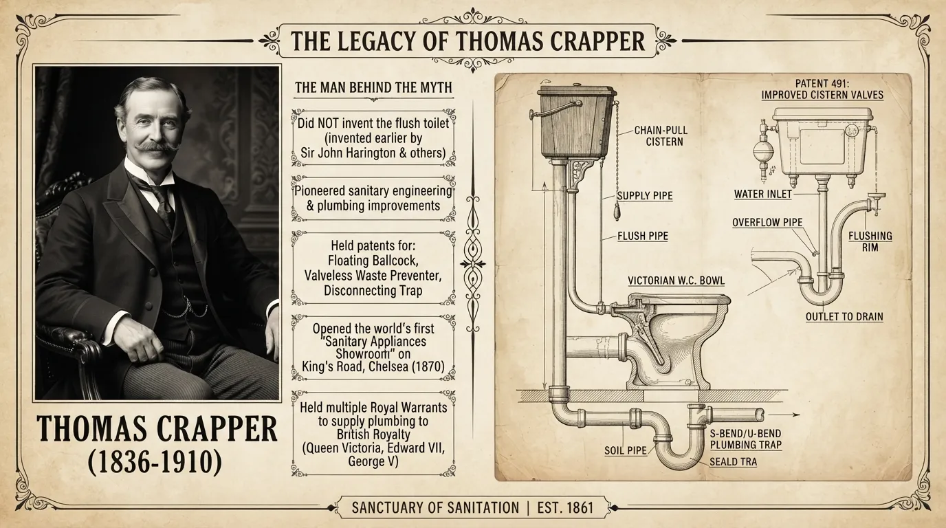 Vintage portrait of Victorian plumber and businessman Thomas Crapper alongside a historical illustration of a 19th-century flush toilet system and sanitary equipment.