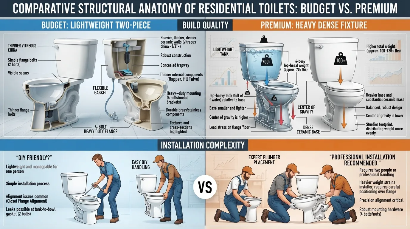 Infographic comparing build quality, porcelain weight, and installation differences between budget and premium toilets.