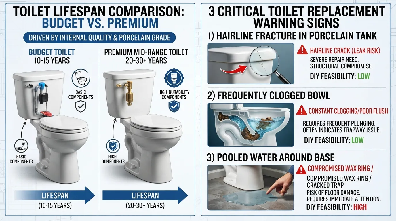 Infographic comparing the lifespan of cheap versus expensive toilets, highlighting warning signs like hairline porcelain cracks, constant clogs, and floor leaks that indicate when a replacement is needed.