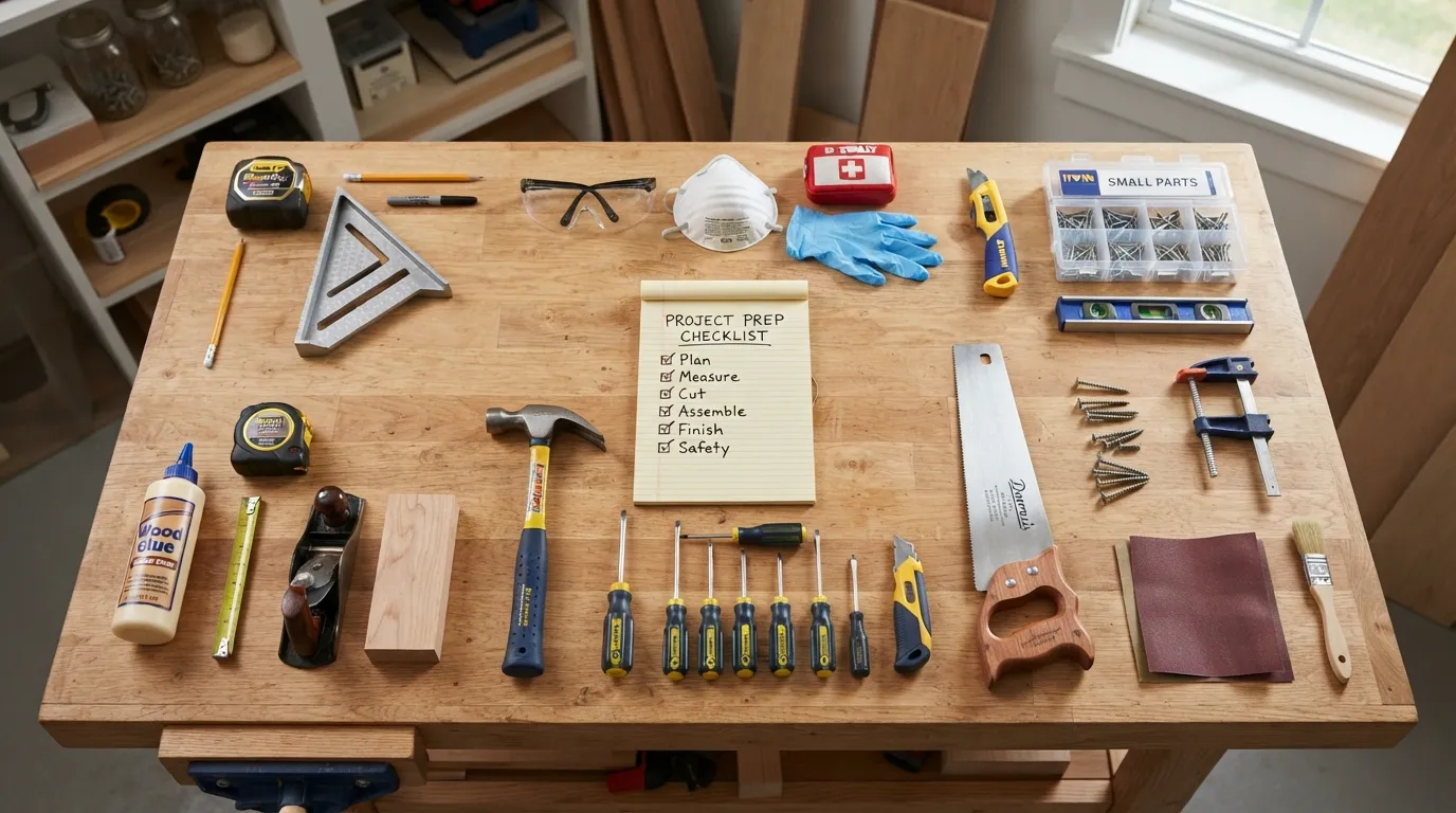 Flat lay of essential DIY tools and supplies arranged neatly on a wooden workbench before starting a home improvement project.