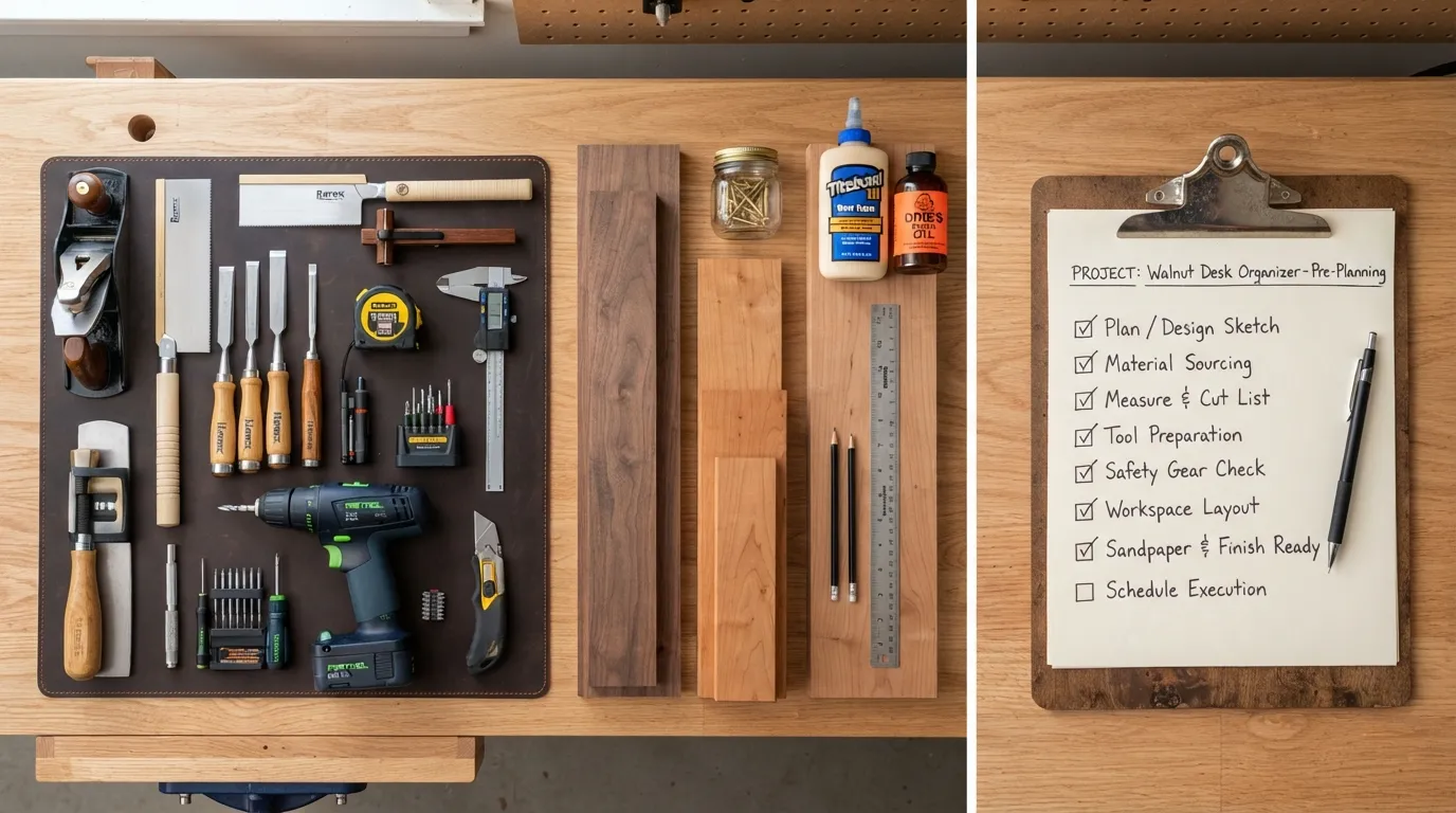Flat lay of essential DIY project tools, raw materials, and a paper pre-planning checklist neatly organized on a wooden workbench.
