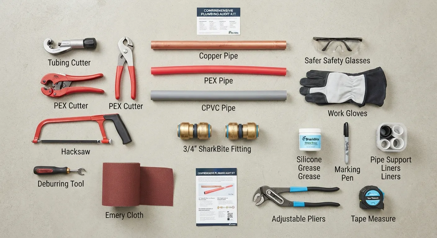 Flat lay photograph of essential tools and raw materials neatly organized on a wooden workbench.
