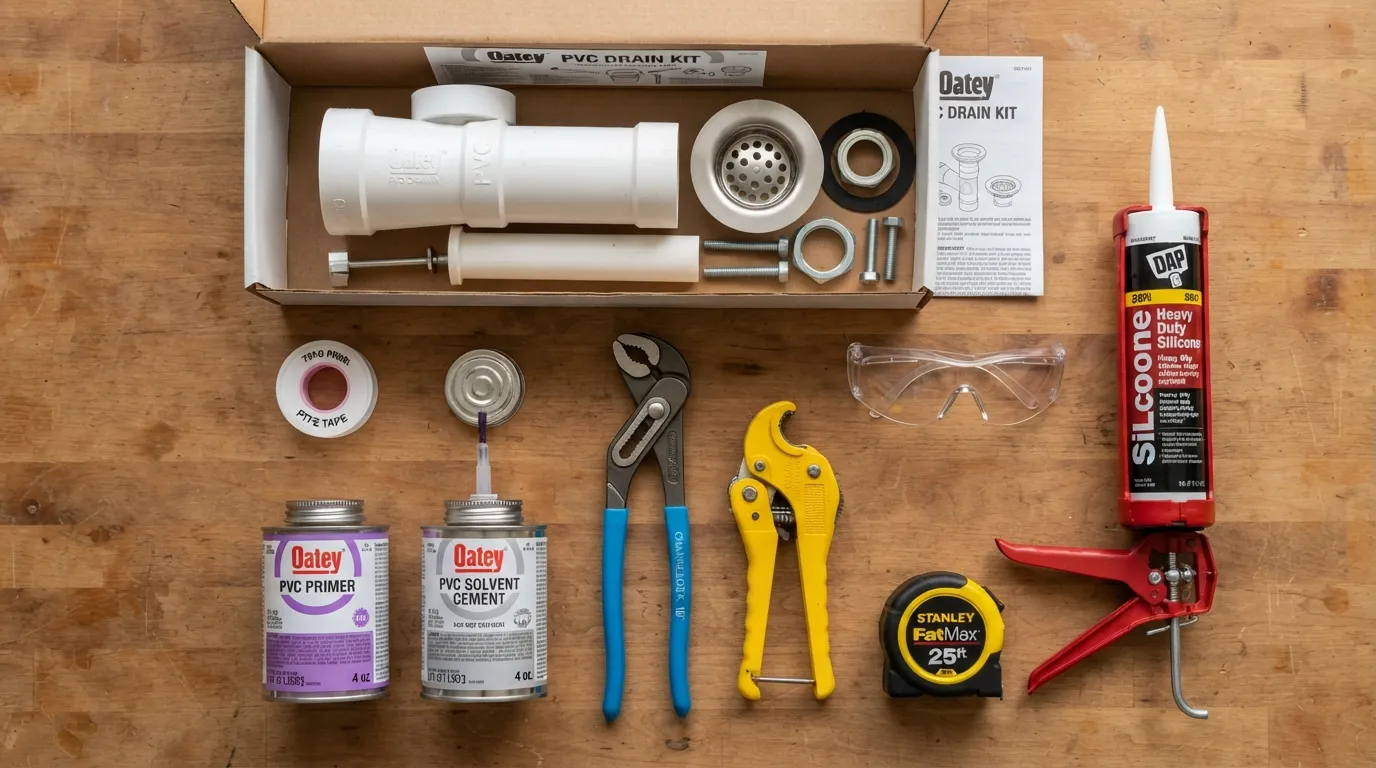 Flat lay arrangement of essential plumbing tools and materials for installing or repairing a shower drain, including a PVC pipe cutter, channel-type pliers, plumbers tape, PVC primer and cement, a measuring tape, and a shower drain assembly on a wooden workbench.