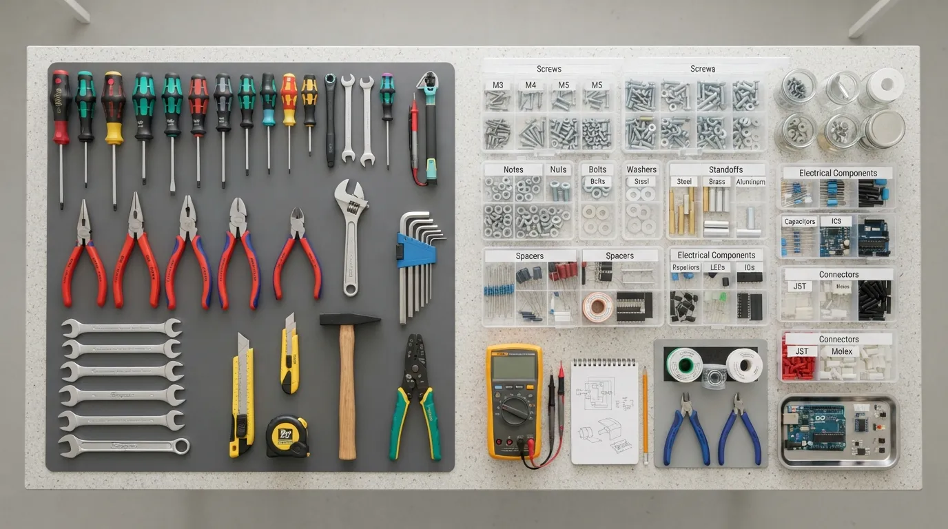 Flat lay arrangement of essential tools and replacement parts organized neatly on a workbench, ready for a DIY project or repair.