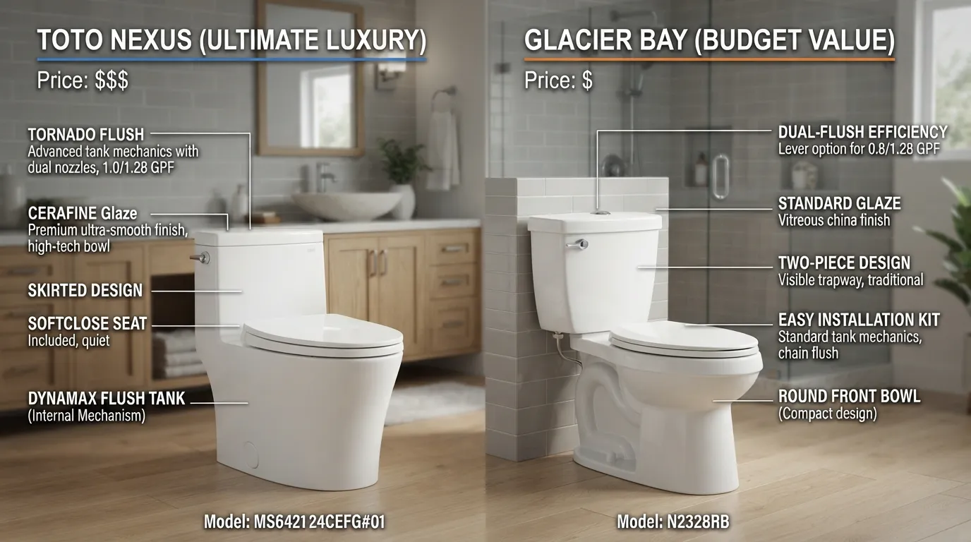 Side-by-side comparison of Toto and Glacier Bay toilets highlighting design, flush mechanisms, and bathroom fixtures.