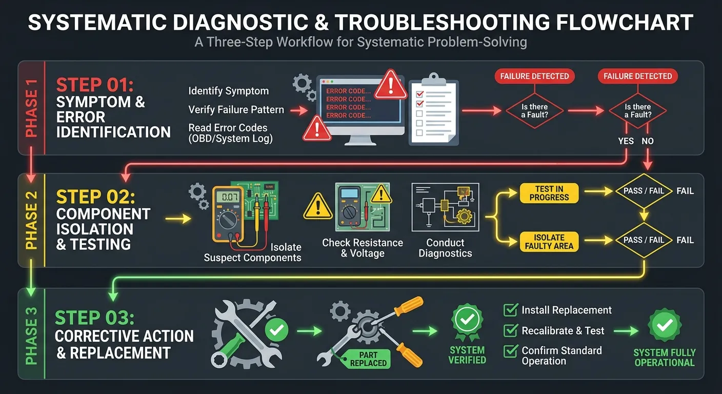 Step-by-step diagnostic flowchart and troubleshooting guide for identifying and resolving common issues.