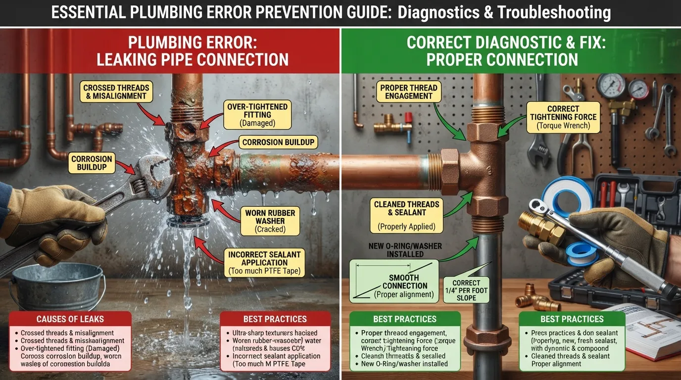 A close-up view of a plumber inspecting a complex pipe system under a sink while reviewing a troubleshooting guide, highlighting common plumbing errors.