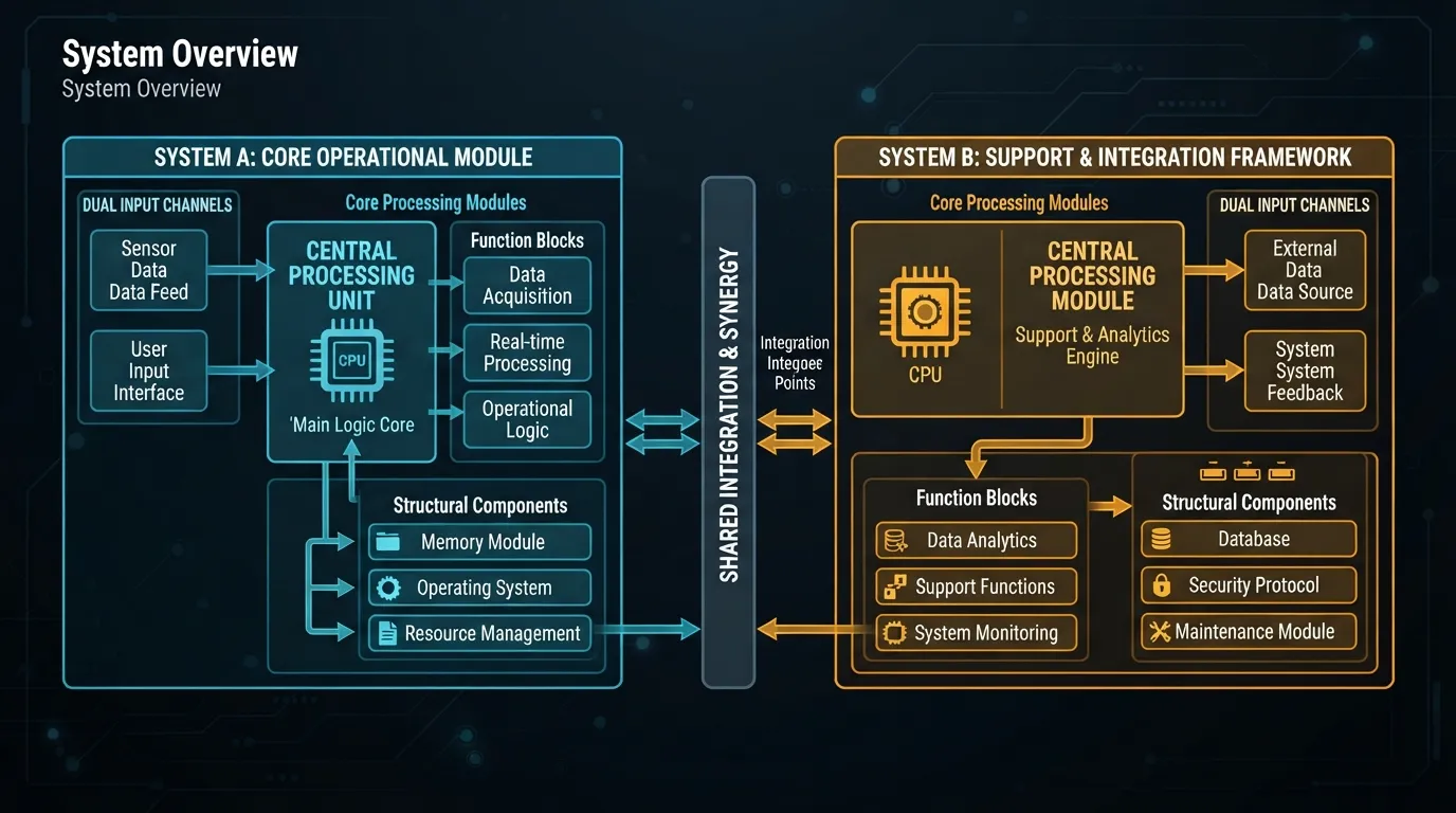 Conceptual diagram illustrating a high-level big picture overview of two core interconnected systems, showing inputs, processing units, and outputs.