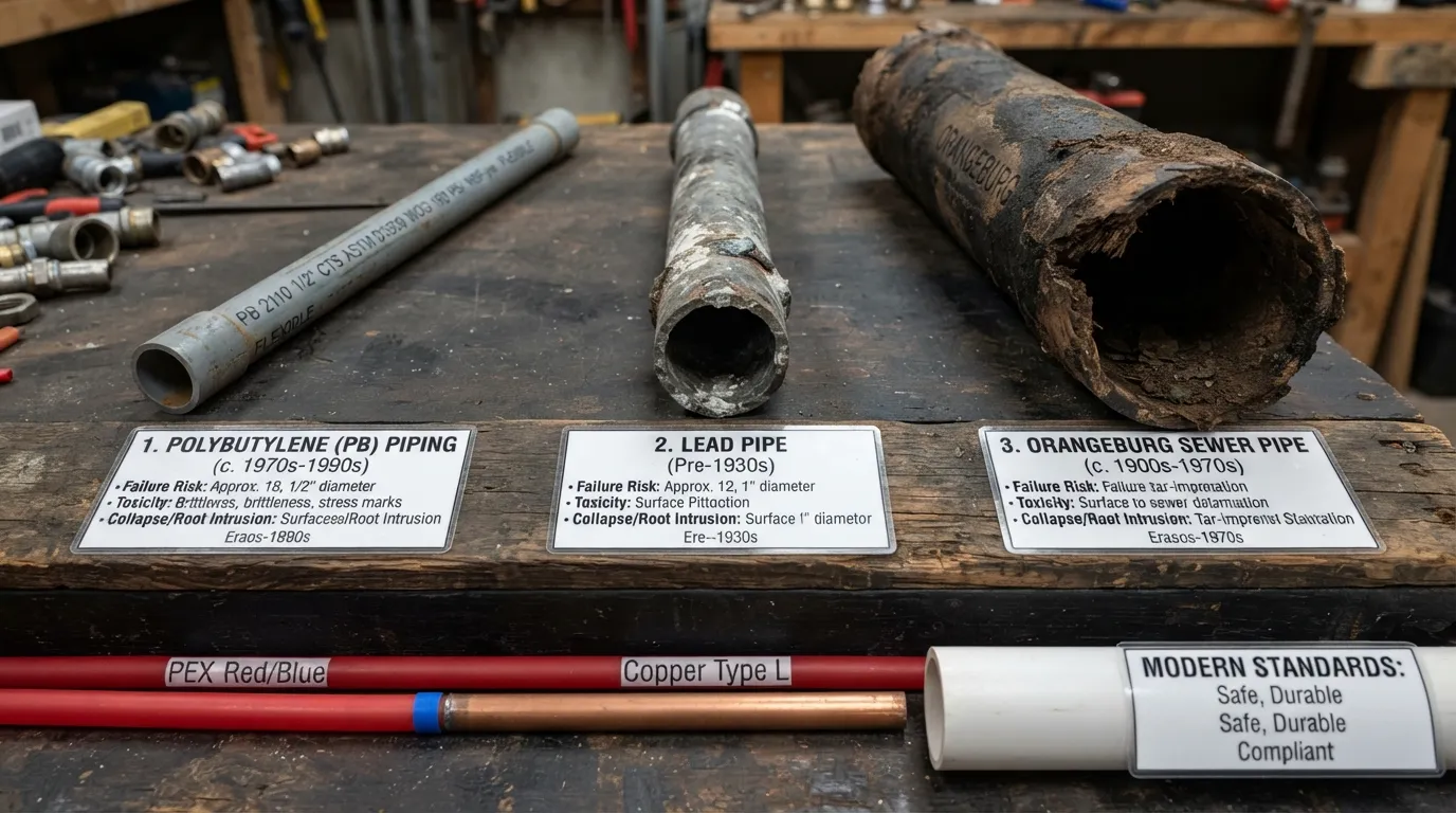 Close-up photo of vintage plumbing pipes including historical lead, polybutylene, and Orangeburg pipes no longer used in modern construction.
