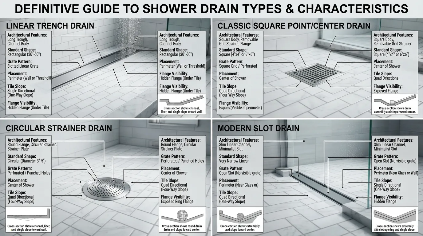 A top-down comparison of various shower drain types including linear, point, grid, and slot drains installed in modern tiled showers.