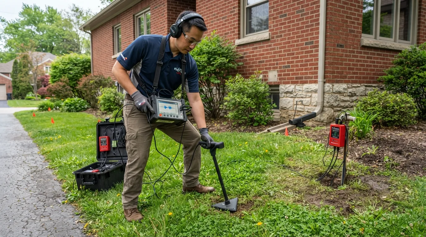 A professional plumber using acoustic equipment and pipe locators for non-invasive underground water leak detection in a residential yard.
