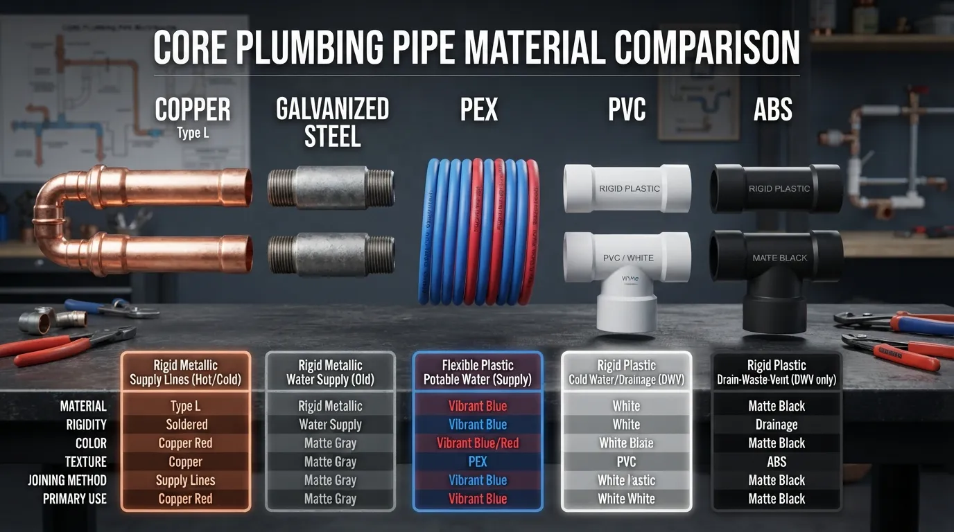 Comprehensive guide showing various plumbing pipe materials including copper, PEX, PVC, ABS, and galvanized steel laid out together.