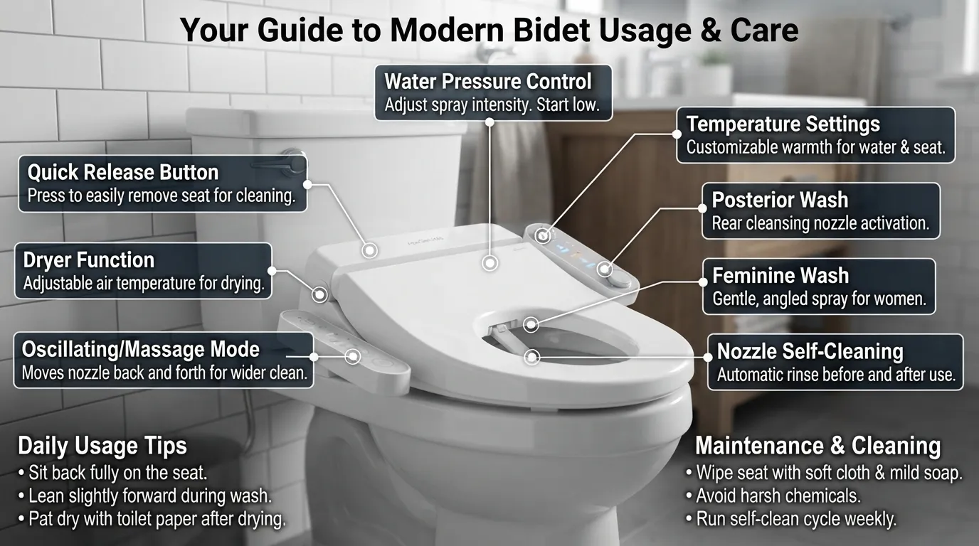 A close-up view of a modern bidet control panel and water stream being used, illustrating what users ask about after installation.