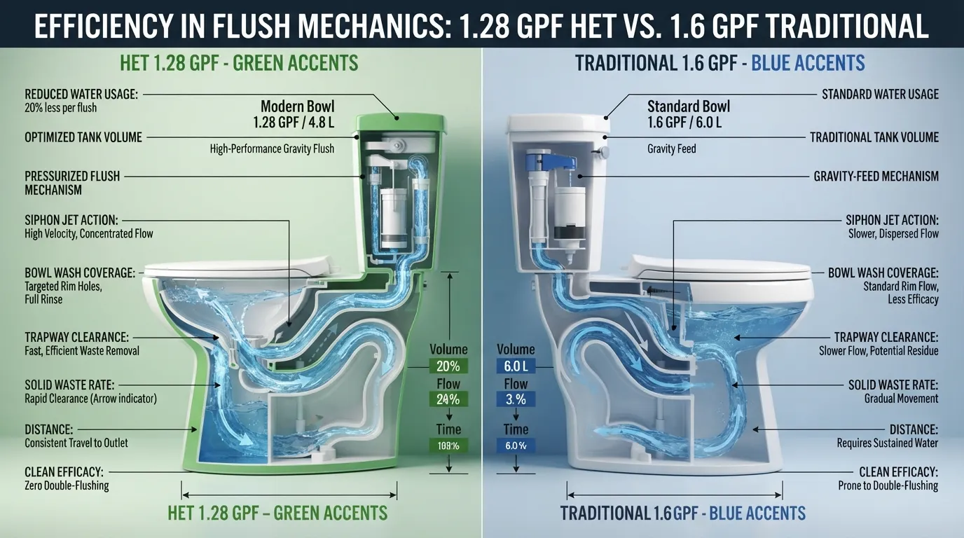 Cross-section diagram comparing water usage volume versus solid waste clearance efficiency across high-efficiency and standard toilet flush systems.