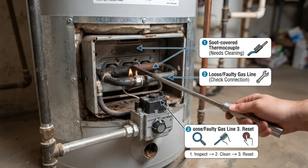 Close-up of a residential water heater control valve showing the pilot light assembly and thermocouple during troubleshooting.