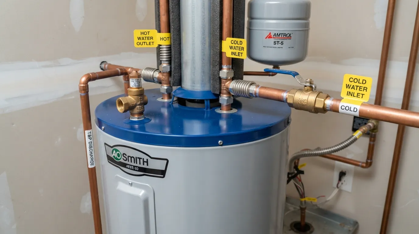 Close-up view of a residential water heater showing inlet and outlet pipes and shut-off valves.