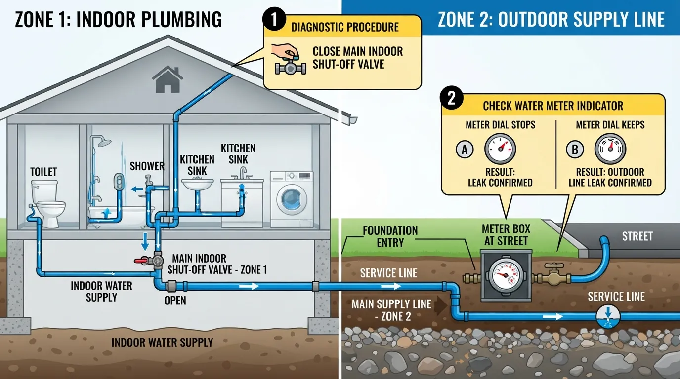 Diagram illustrating how to isolate indoor and outdoor water leaks using the main shut-off valve and water meter.