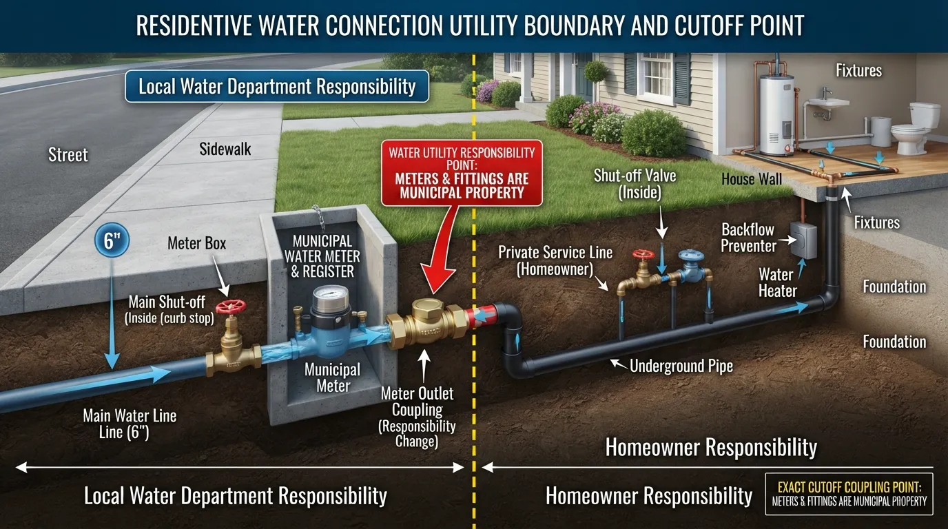 Diagram showing the property line division and responsibility boundary between the municipal water meter and the home's private service line.