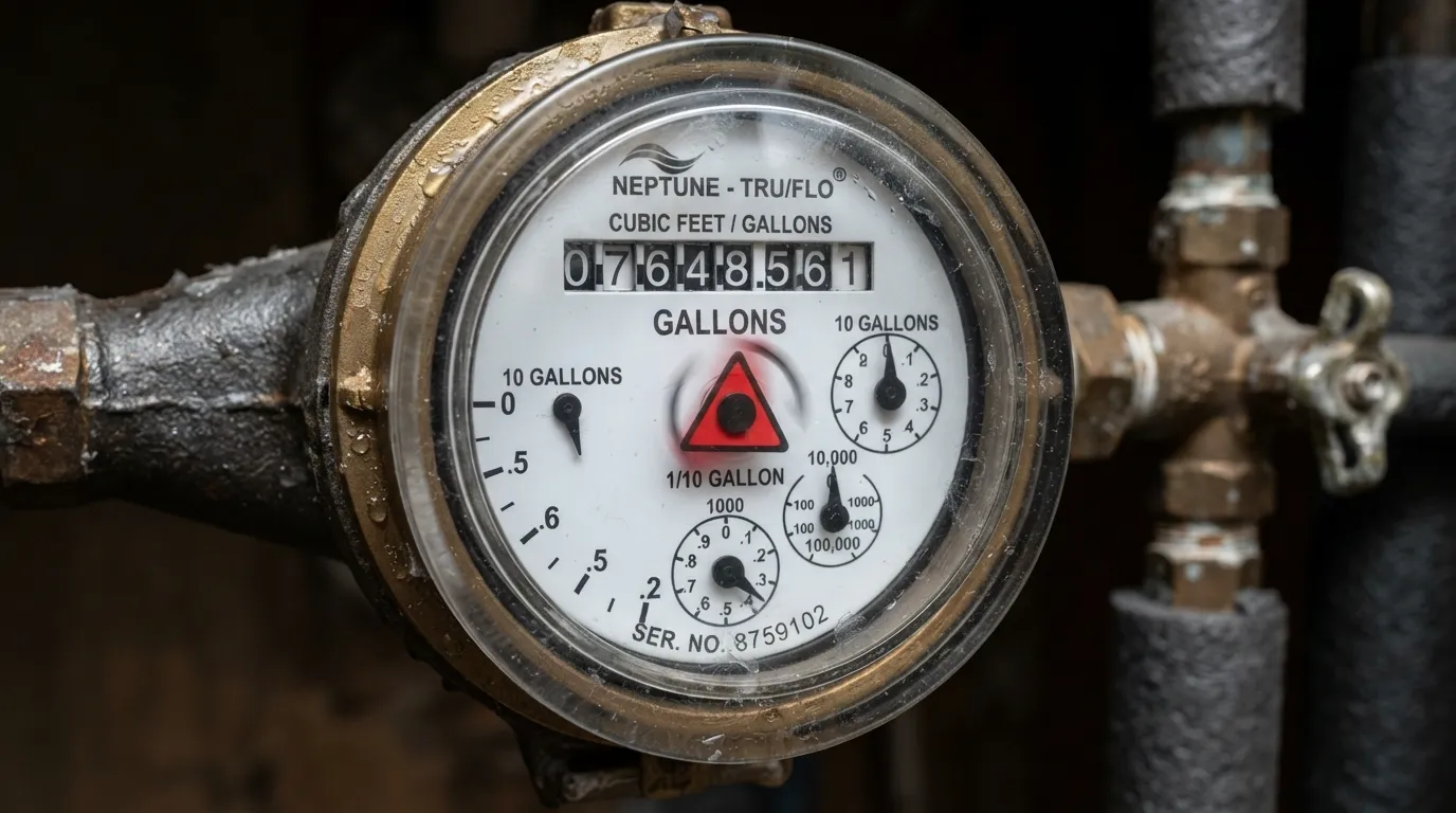 Close-up photo of a residential water meter low-flow triangle indicator spinning while household water is turned off, signaling an active leak.