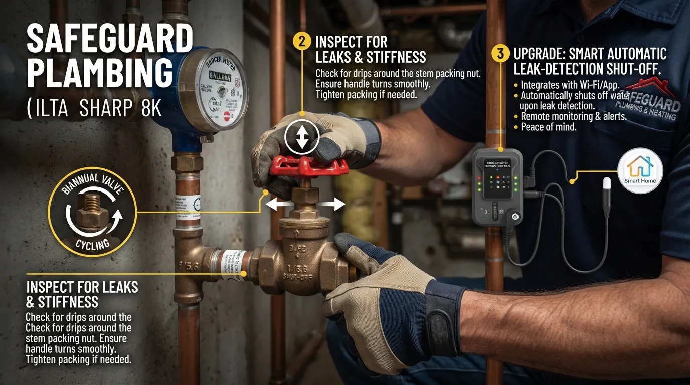 Plumber performing preventive maintenance by turning and inspecting a main water shut off valve to prevent mineral scale buildup and leaks.