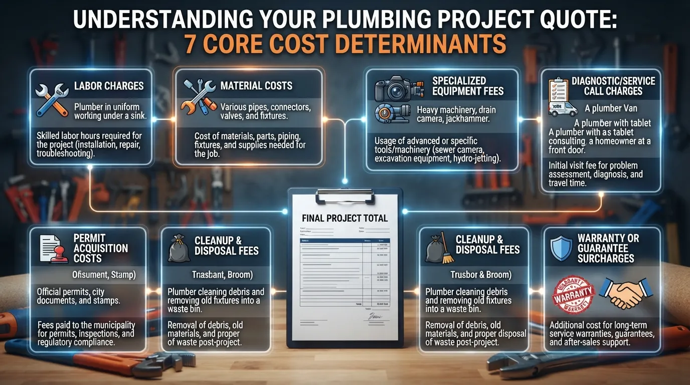 Infographic chart breaking down the 7 key cost components of a professional plumbing estimate, including labor, materials, permits, and diagnostic fees.