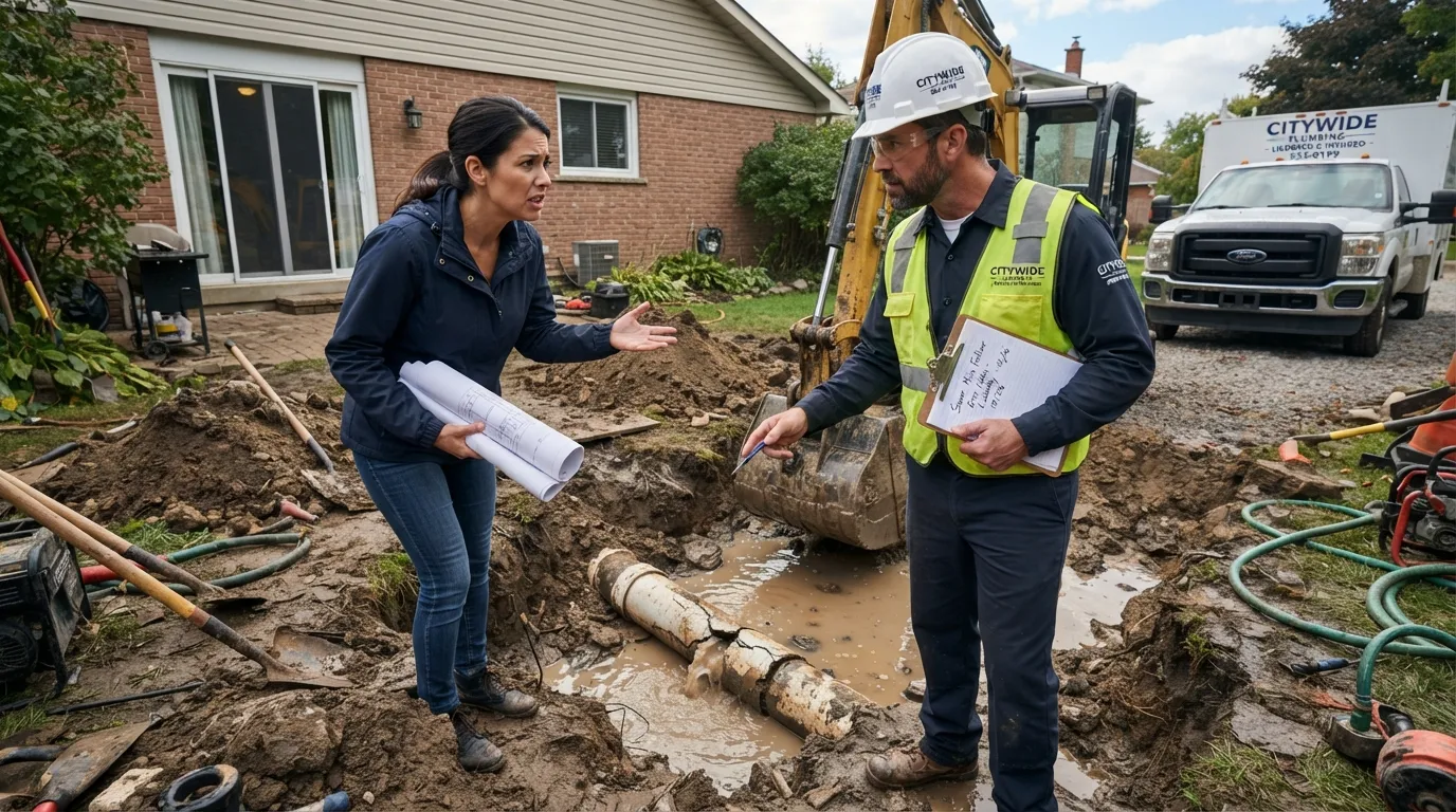 A stressed homeowner discussing a damaged sewer line in their yard with a concerned plumbing supervisor, referencing site plans and a broken pipe section.