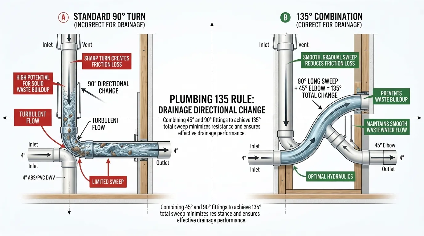 Plumbing diagram illustrating the 135 rule with pipe fitting angles and directional changes in a drainage system.