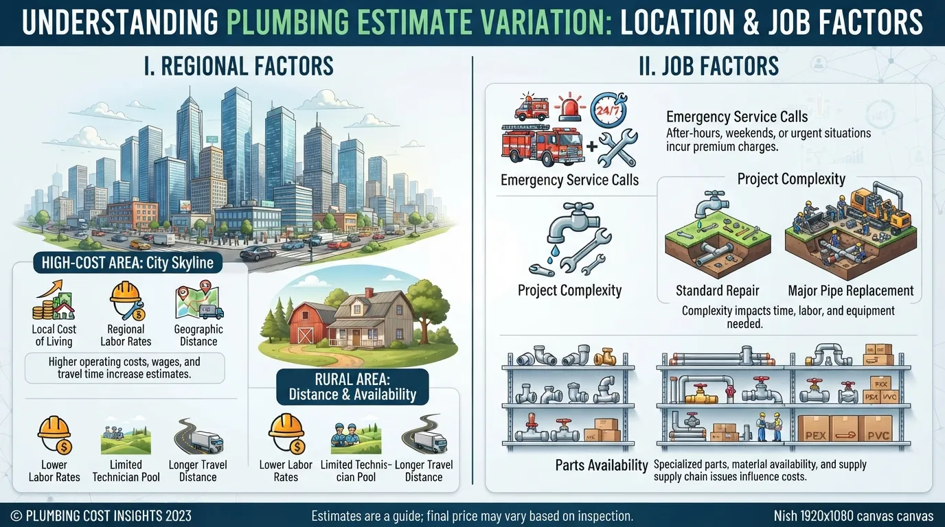 Infographic showing regional differences and job factors that influence and change plumbing service costs.