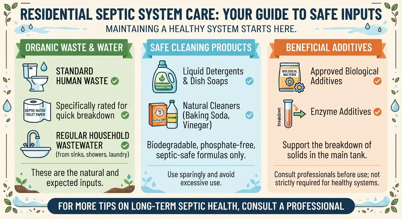 An infographic displaying safe items, cleaners, and organic matter that can be safely put into a residential septic system.