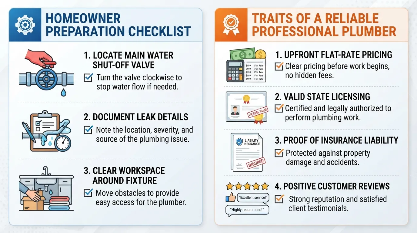 Checklist and guide showing what to prepare before calling a professional plumber along with key signs of a reliable contractor.
