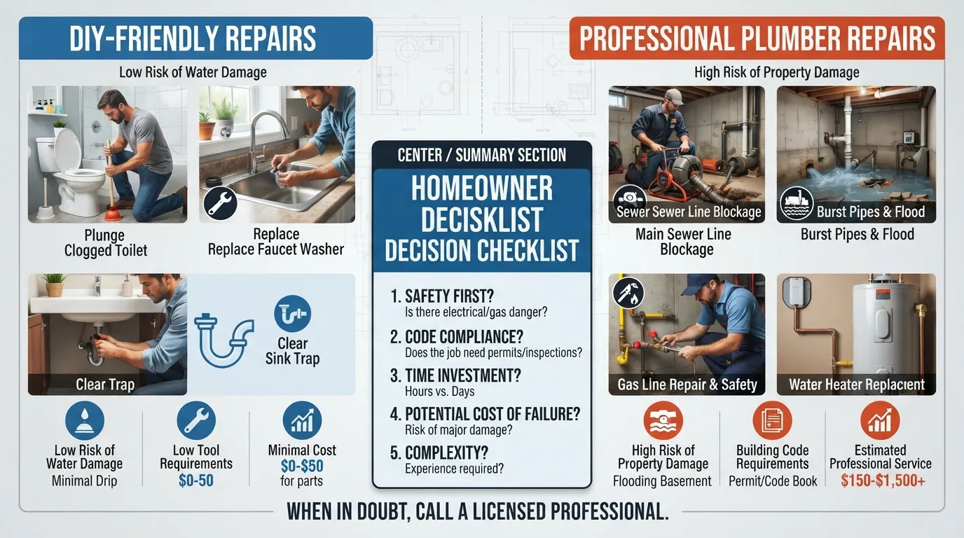 A side-by-side comparison chart illustrating DIY plumbing tasks versus professional plumber repairs, with estimated rough costs for each.