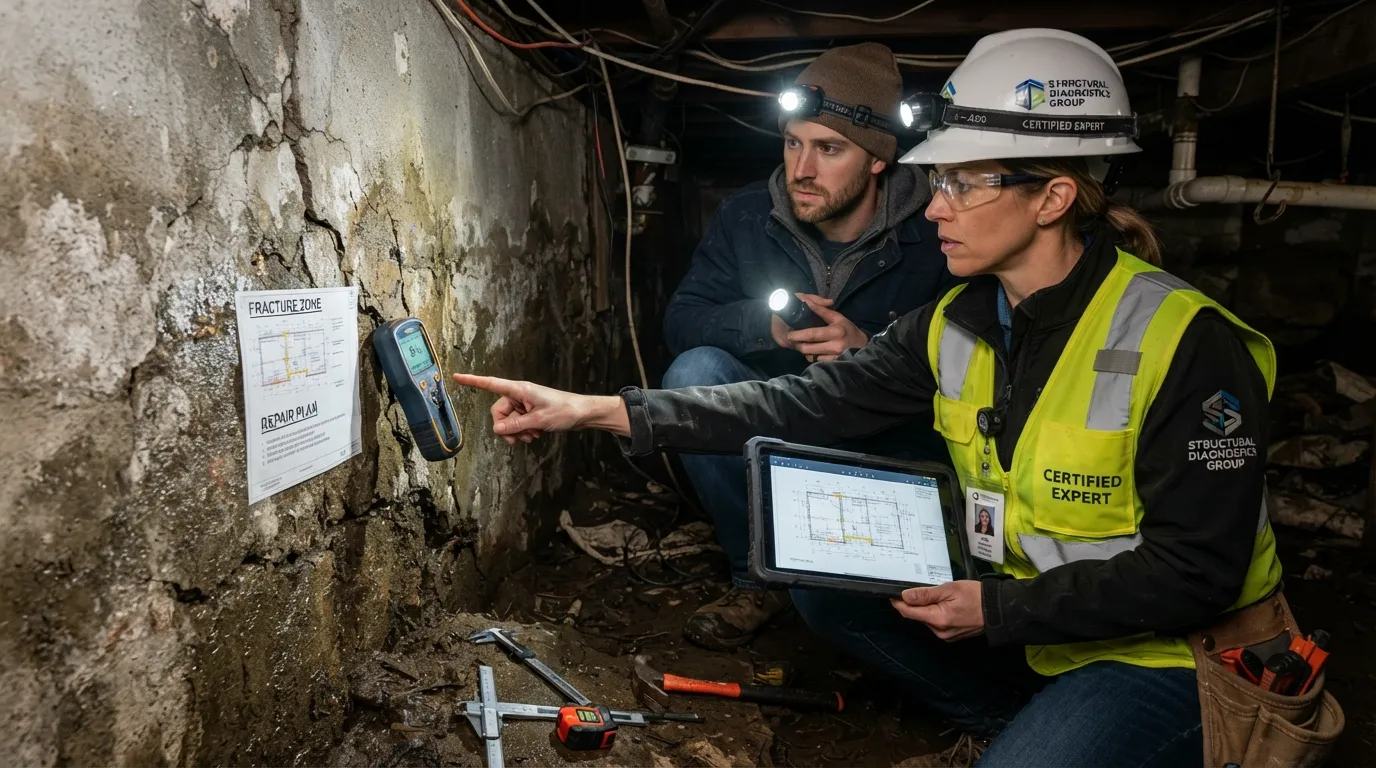A homeowner consulting with an experienced licensed professional to assess home repair damage and discuss service options.
