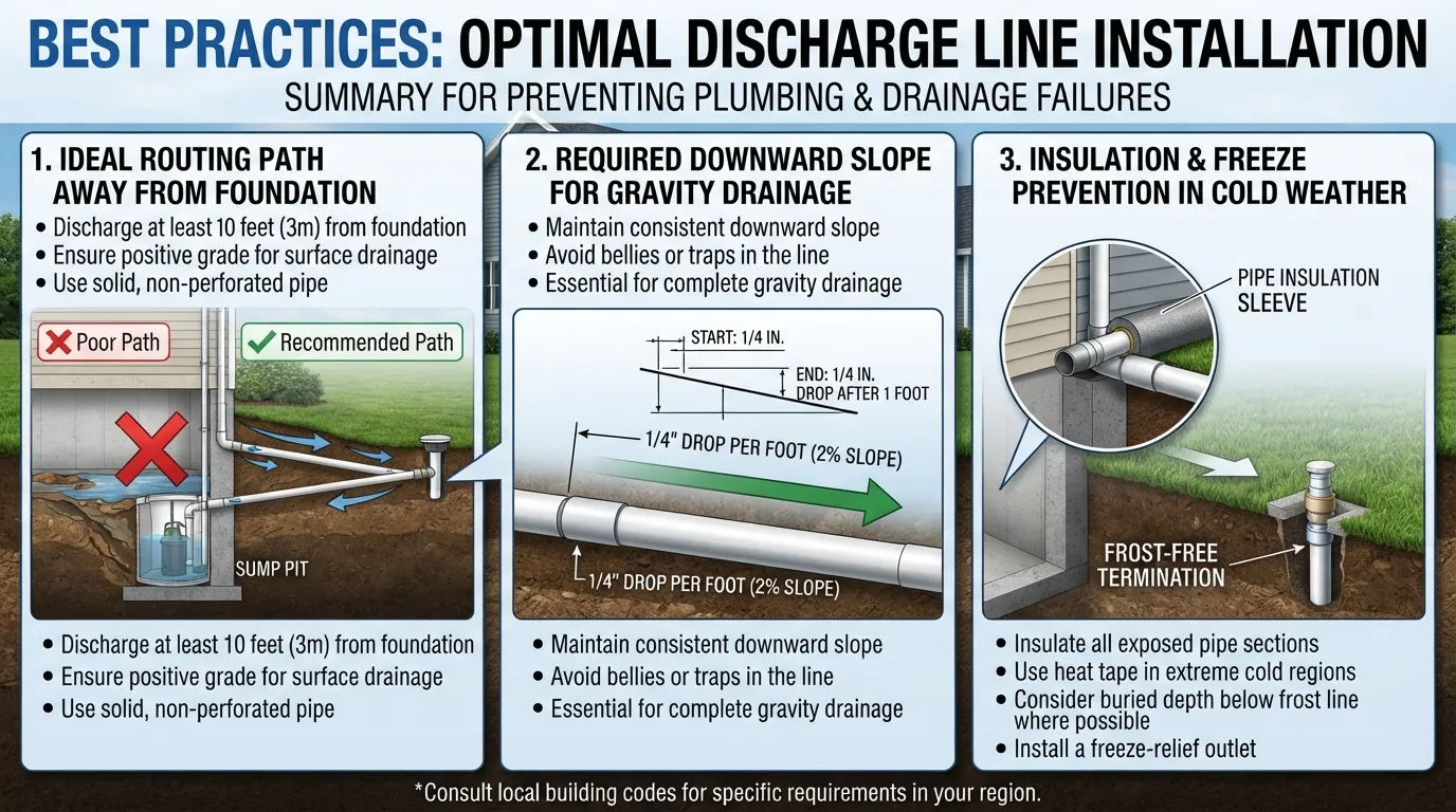 Diagram showing proper discharge line routing, correct downward slope, and distance requirements for freeze protection.