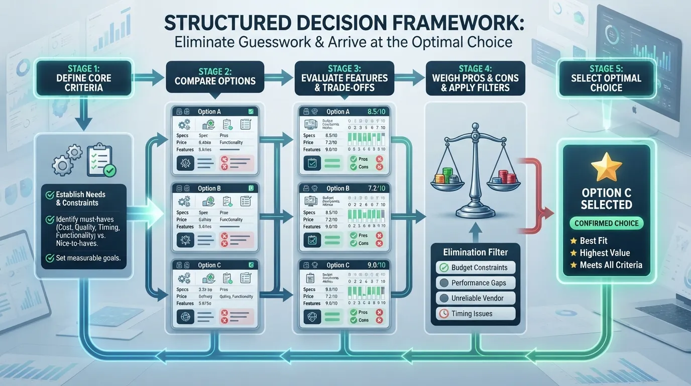 A comprehensive decision framework flowchart illustrating a step-by-step comparison process to help users evaluate options and choose the right one.