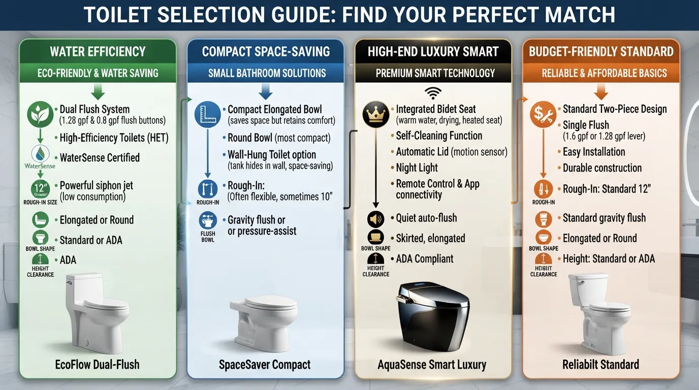 A detailed infographic and comparison chart helping users choose the right toilet by comparing different models, features, and bathroom segments side by side.