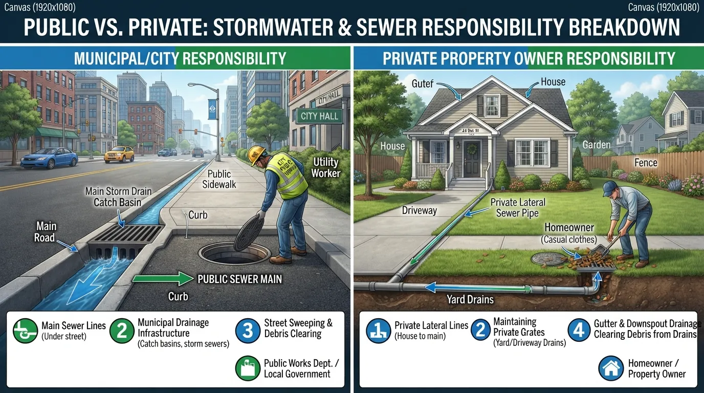 Infographic illustrating municipal versus private property owner responsibilities for maintaining storm drains, catch basins, and sewer lines.