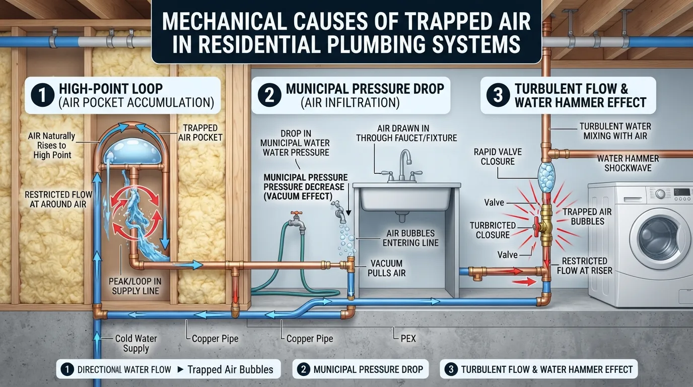 Cross-section diagram illustrating a home plumbing system showing how air pockets form and get trapped in water supply pipes and high-point bends.