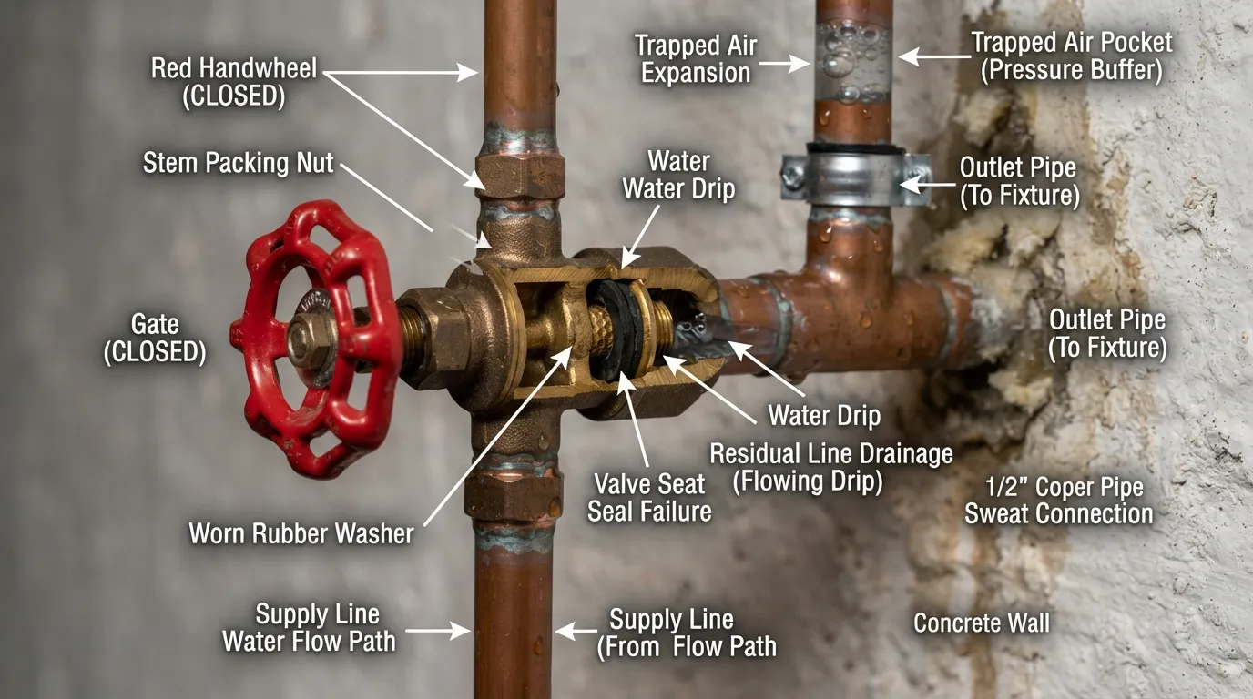 Close-up photo of a plumbing shut-off valve and copper water pipes, illustrating why water keeps running after the valve is closed.