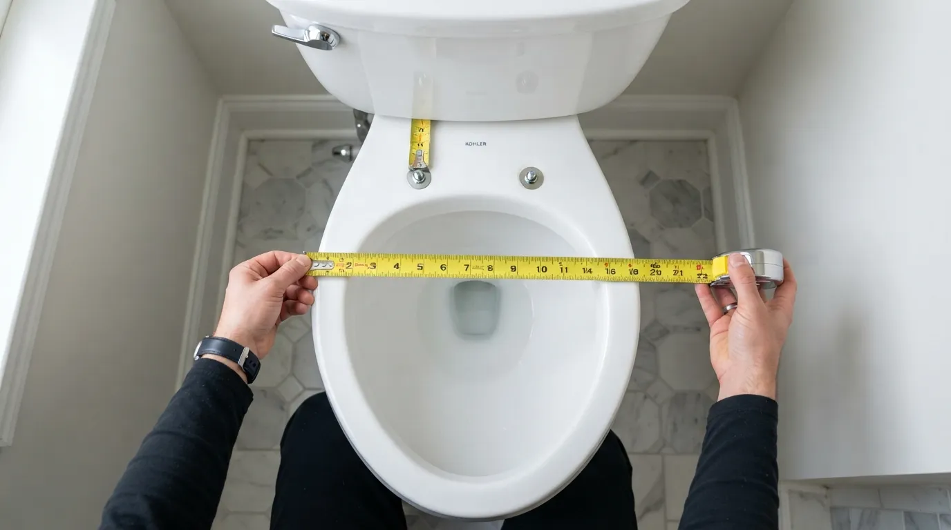 Measuring tape checking toilet bowl dimensions to determine bidet attachment compatibility.