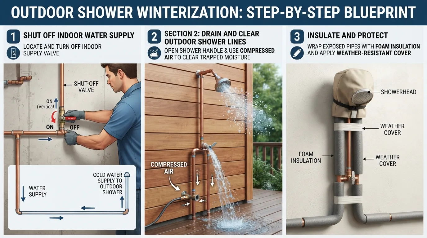 A person draining and insulating an outdoor shower plumbing fixture with pipe insulation foam and a shut-off valve to prevent freezing during winter.