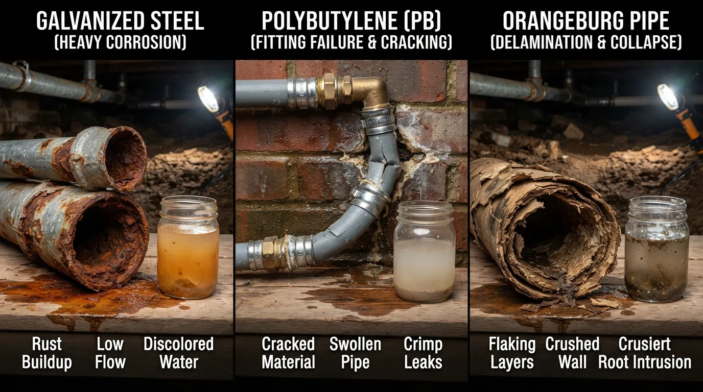 Close-up of damaged polybutylene and corroded galvanized steel plumbing pipes showing active failure risks during a home inspection.