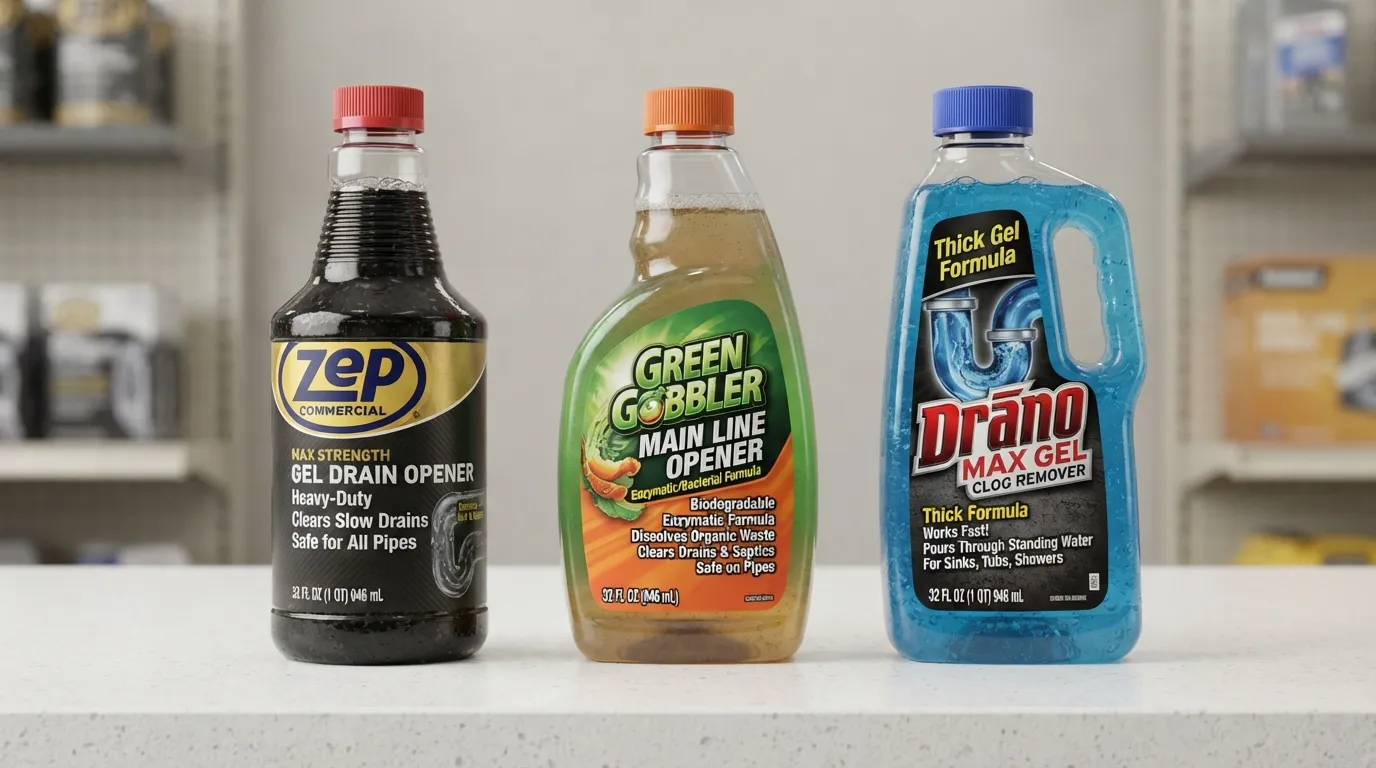 Side-by-side comparison of Zep, Green Gobbler, and Drano drain cleaner bottles on a clean surface.