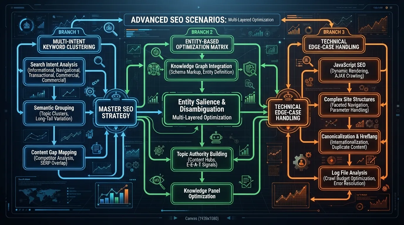 Infographic diagram illustrating advanced and related SEO scenarios, showcasing content strategy pathways and contextual optimization workflows.