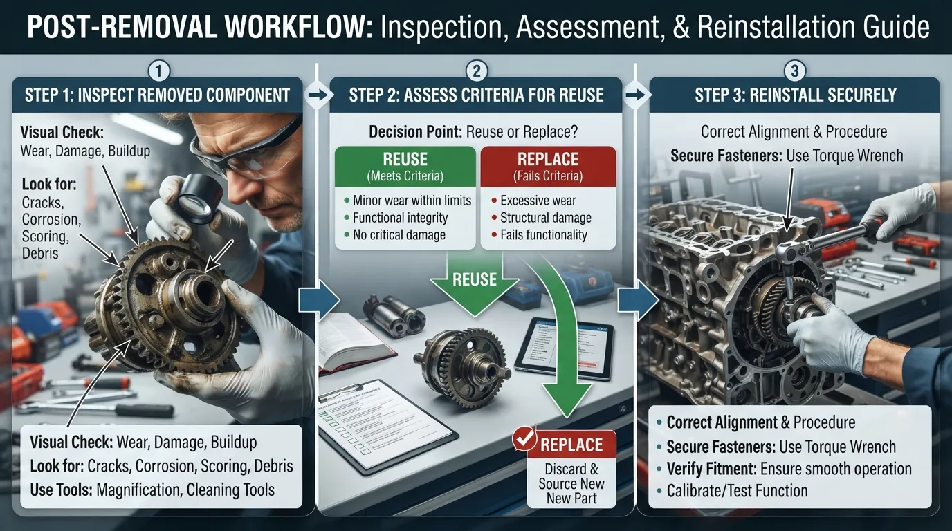 Step-by-step visual guide showing how to inspect, clean, and properly reinstall a removed component or fixture during maintenance.