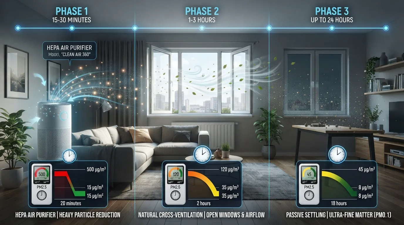 Infographic timeline chart comparing how long it takes for indoor air to fully clear using an air purifier versus natural ventilation.