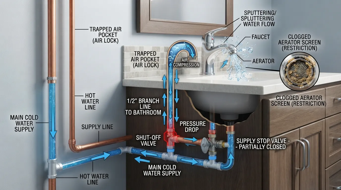 Cross-section diagram of a home plumbing pipe system highlighting a single clogged aerator and a localized shut-off valve showing how air becomes trapped in one isolated fixture.