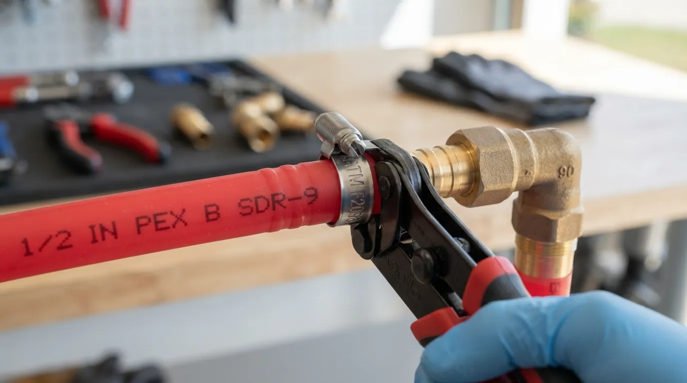 Close-up photo of PEX pipe secured with Method 3 stainless steel clamp cinch fittings using a cinch tool.