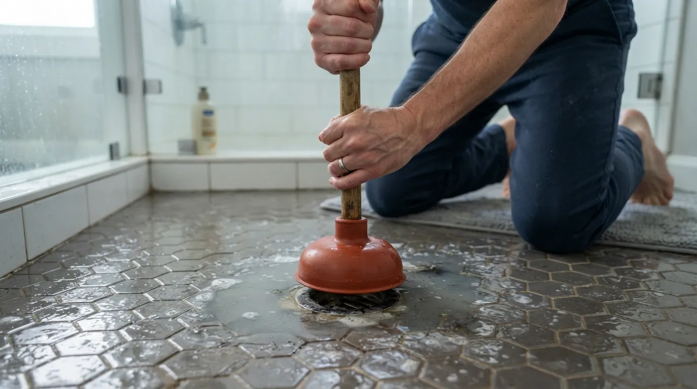 A person properly sealing and using a cup plunger over a clogged shower drain to clear a blockage.